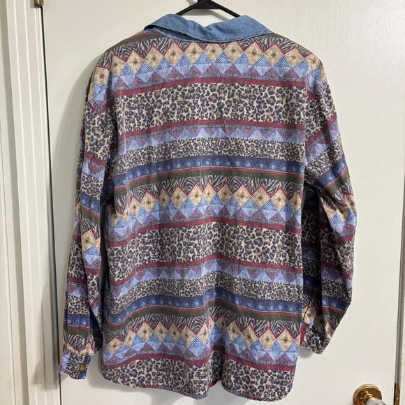 Vintage 90s Mixed Animal Print Geometric Shirt Denim Collar Indiecore XL - Picture 9 of 10